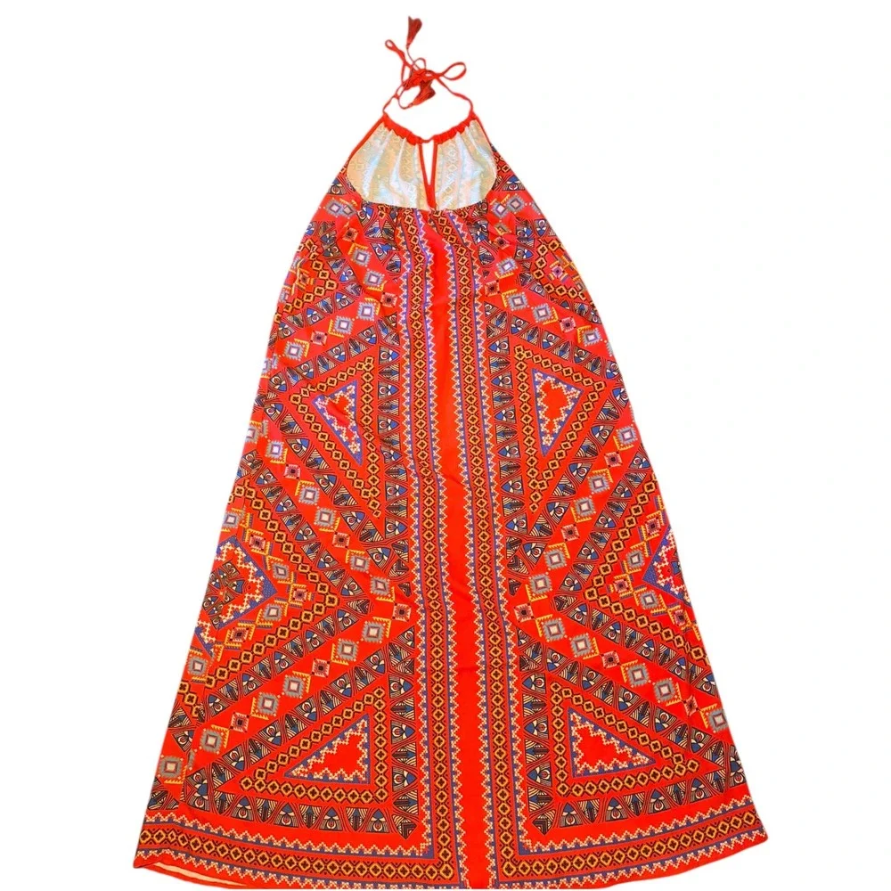 Flying Tomato Halter Boho Maxi Dress Women Small Red Geometric Tribal Print - Picture 2 of 9
